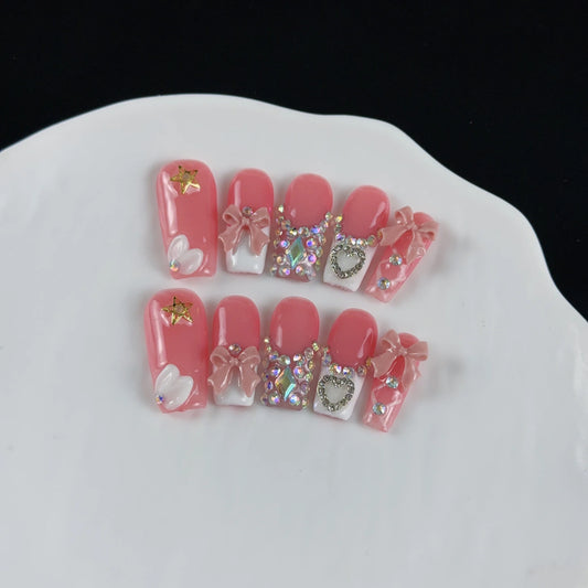 10pcs high-end Sweet girl style, hand-painted three-dimensional bow, hearts, glittering small diamonds handmade fake nails