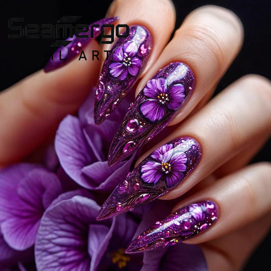 24PCS Dark Black Purple Rose Butterfly Pearl Wearable False Nails Press on Nails European American Wearable Nails Luxury Design
