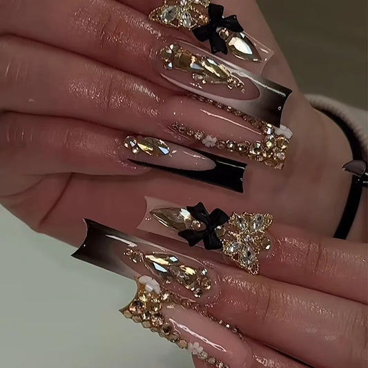 24Pcs long square press on false nails french brown smudge wearable full cover nails tips 3D flower heart Rhinestone fake nails