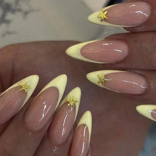 24Pcs Long French Almond Press on Fake Nails Yellow Edge False Nails Golden Starfish with Design Wearable Full Cover Nails Tips