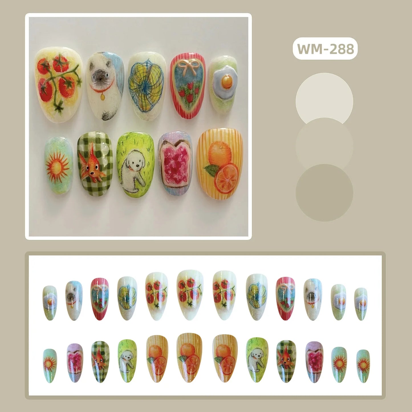 24pcs Cute Cartoon Press On Nails Little Fresh Colorful Oil Painting Style Fake Nails Kawaii Short Almond Fake Nail For Girls