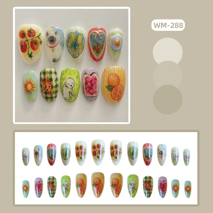 24pcs Cute Cartoon Press On Nails Little Fresh Colorful Oil Painting Style Fake Nails Kawaii Short Almond Fake Nail For Girls