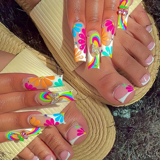 48pcs Sweet Summer Press on Nails Set Ins Beach Wearable French False Toenails Reusable Sweet Korean Flower Print Fake Nail Tips