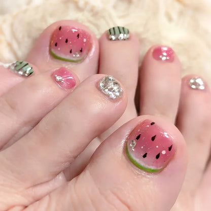 24pcs Colorful Painted Watermelon Fake Toenails Little Fresh Summer Beach Wearable False Toenail Shiny Diamond Press On Toenails