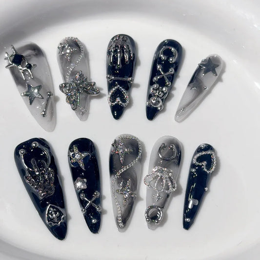 Menhera Spice Girls Handmade Press On Nails Y2K Black White Rendering Long Tip Nail Art Butterfly Star Crown Cool Fake Nails