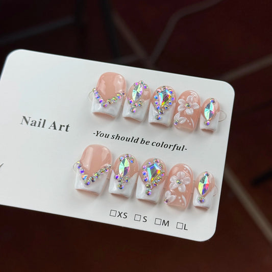 10pcs high-end Gentle and elegant style, hand-painted three-dimensional carvings, ice-clear pink, glittering with diamonds all