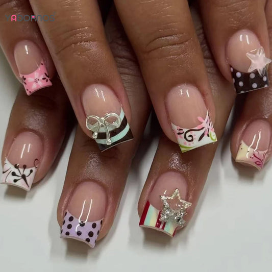 24pcs Stripes Polka Dot Colorful French Style False Nails Silver Metal Bowknot Stars Decor Press On Nails Y2k Square Fake Nail