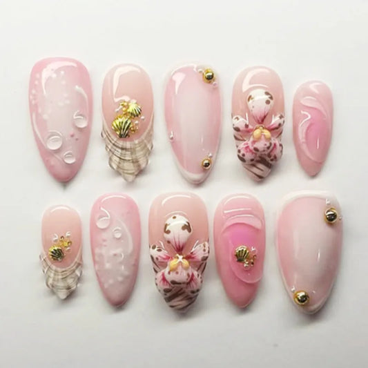 24Pcs Mid-length Almond Manicure Tips Full Cover 3D Flower French Design Fake Nails Pearl Wearable Finished Press on False Nails