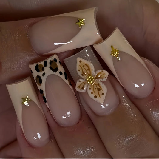 24Pcs Mid-length Square Head Fake Nail Leopard Print French False Nails Press on 3D Flower Star Detachable Full Cover Nails Tips