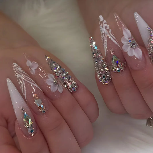 24Pcs Flower Nails Press on Long DIY Stick on Nails Flash Diamond Full Cover Nail Tips Wearable Finished Fingernails Nail Art