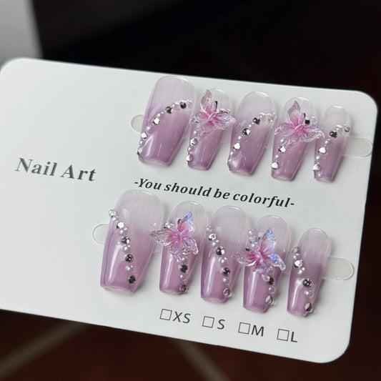 10pcs high-end Pure and elegant, purple three-dimensional butterfly, gradient cat's eyes, and sparkling small diamonds  handmade