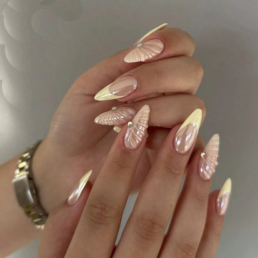 10PCS Short Almond Yellow French Pointed Fake Nails With 3D Spiral Rhinestone Design Shimmering Acrylic Nails For Ladies-Girls