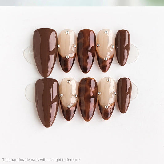 10pcs Handmade Brown Nude Leopard  french tips Press on Nails Almond Long Full Cover Wearable Reusable Trendy False Nails 2026