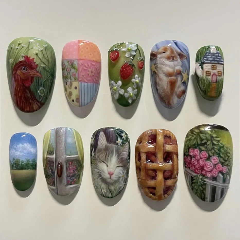 24Pcs Mid-length Almond Press on Fake Nails with Insect Flower Button Design Full Cover Nails Tips Reusable Finished False Nails