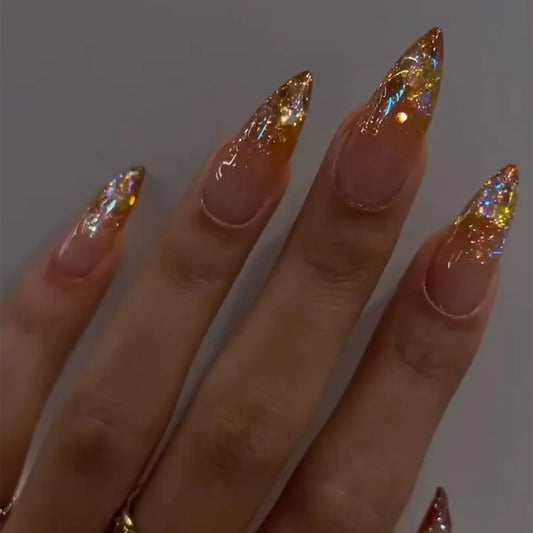 24Pcs French Almond Press on Fake Nails with Aurora Flash Drill Manicure Glitter Cool Finished Nails Wearing Nails Set Press On