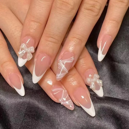24pcs French Long Almond Fake Nails Tips with Bow Pearl Design False Nail Art Wearable Simple Pink Press on Nails Sets Manicure