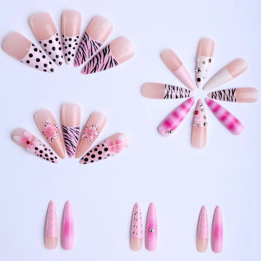 24PCS Almond Press on Nails Y2K False Nails with Star Polka Dot Striped and Gradient Design Fake Nails with Rhinestone for Women