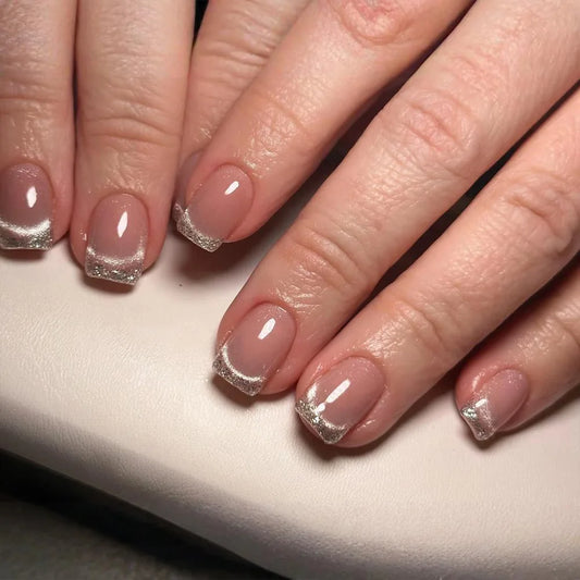 24Pcs Pink Glossy Short Press on Nails French Ballet Wearing Rhinestones Fashion Nail Tips Art Acrylic False Nails Set Versatile