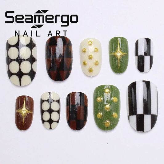 24PCS Almond Shape Fake Nails White Checkered Turtle Pattern False Nails Cute Powder Coated Gold Beads Full Cover Press on Nails