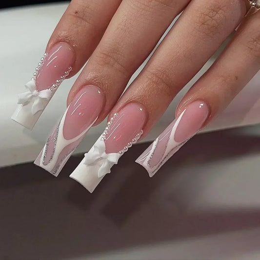 24Pcs 3D Long Ballet False Nails White Coffin Wave with French Design Wearable Fake Nails Gold Line Full Cover Press on Nails