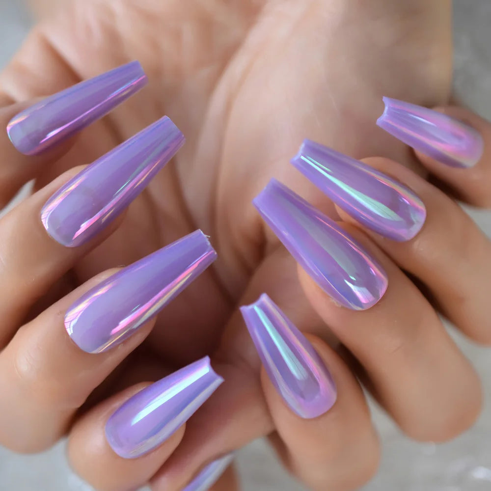 Silver Coffin Fake Nails Long Ballet Metallic False Nail Tips Solid Color Mirror Press On Nails Art Manicure At Home Salon Tools