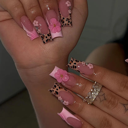 24pcs Long Coffin Nails Tips White French 3D Bow Press on Nails Set Butterfly Flower Stick on Fake Nail Finished Pink False Nail