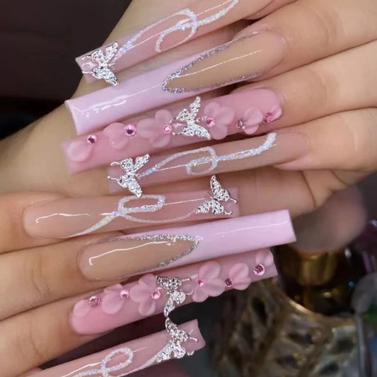 24pcs Extra Long False Nails 3D Cherry Rhinestone Press on Nails for Lady Wearable Pink French Coffin Ballet Fake Nail Tips