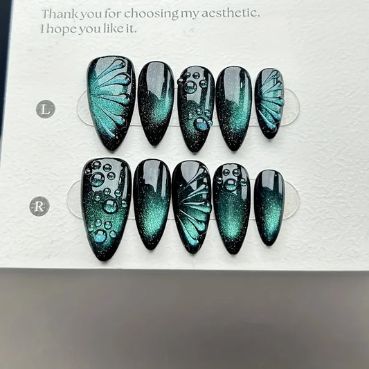 10pcs high-end Dark green cat-eye butterfly handmade fake nails, Dark almond nail cat's eye nail decorative patch