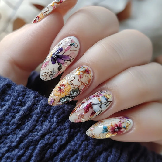 24pcs Reusable False Nail Art Flower Long Almond Press on Nails Tips Colorful Fake Nail with Glitter Golden Design Manicure Sets