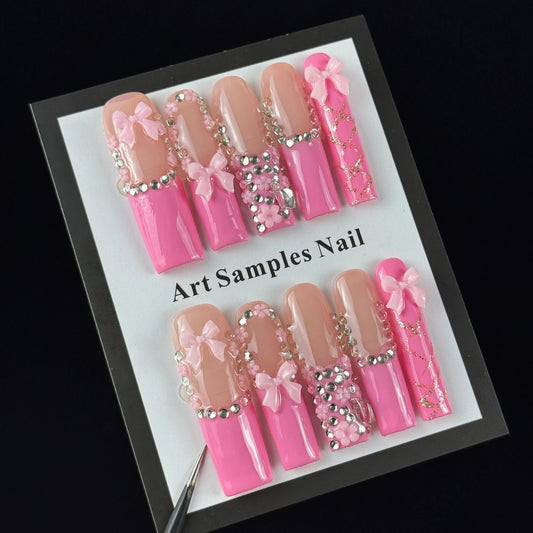 10pcs high-end Pink girl style, hand-painted three-dimensional engraved patterns, bow, dazzling cluster of diamond handmade fake