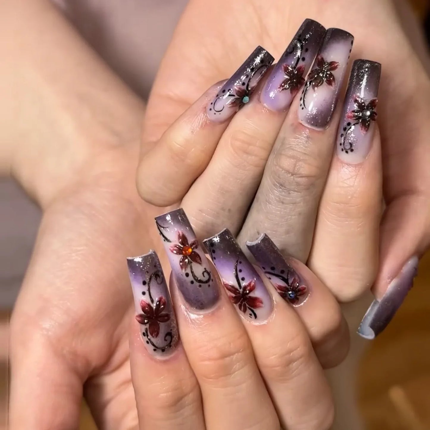 24PCS Spice Girls False Nails Sweet Cool 3D Pink Flowers with Diamonds Decoration Square Press on Nails Full Cover Wearable Tips