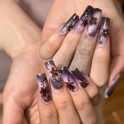 24PCS Spice Girls False Nails Sweet Cool 3D Pink Flowers with Diamonds Decoration Square Press on Nails Full Cover Wearable Tips