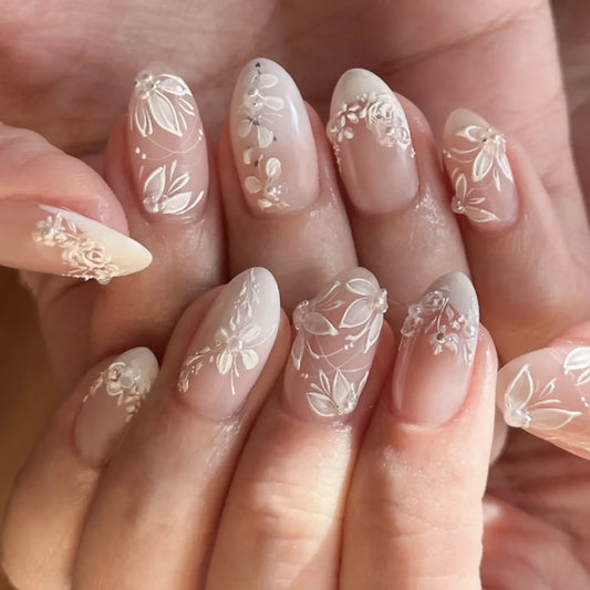 24pcs French Almond Fake Nails Ins Sweet White Flower Pattern Decor False Nails Wearable Fresh Simple Nude Color Press on Nails