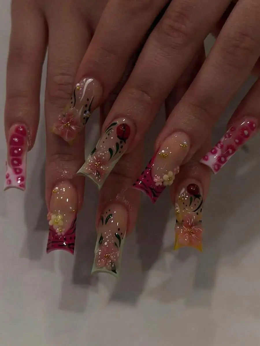 24pcs/Set Y2K French Medium Length Nail Tips, Sweet 3D Pink Flower & Wavy Design With Golden Beads Accent, Press-On Artificial