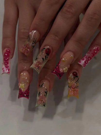 24pcs/Set Y2K French Medium Length Nail Tips, Sweet 3D Pink Flower & Wavy Design With Golden Beads Accent, Press-On Artificial