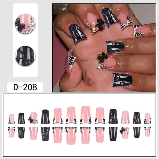 24PCS New Duckbill Nail Art Flash Colored Diamond Bow Press on Nails Drip Glue Black White Stripe European Spicy Girl False Nail
