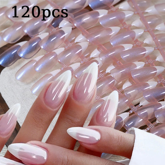 120pcs Aurora Chrome Long Almond False Nails French Tip Press On Nails Coffin Square Wearable Full Cover Pearls Shine Fake Nails