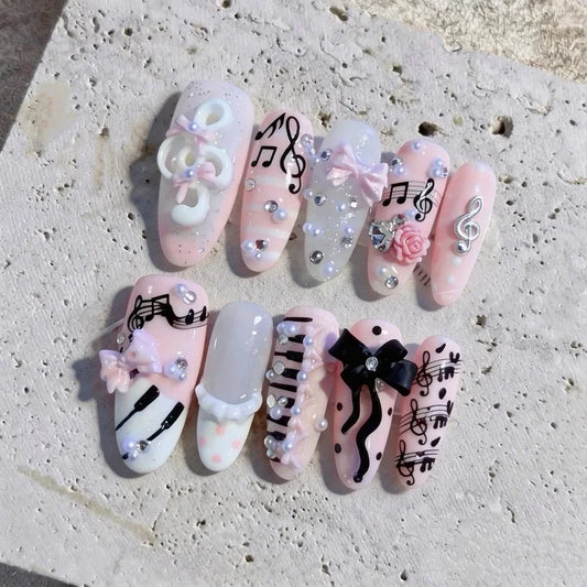 10pcs Pink & Black Muse Handmade Nails 3D Music Note Y2K Bow Press on Nail Long Oval Fasle Nail for Women&Girl Fake Nail Art
