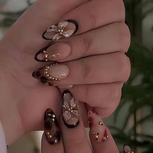Elevate Your Style with, 24pcs/set Long almond Press on nails tips French Acrylic Fake Nail，Embellished with gold steel beads，Fi