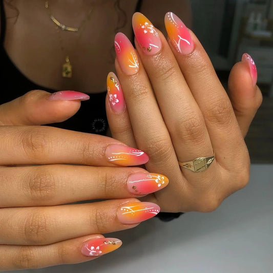 24pcs Upgrade Your Look With Multicolored flower almond-shaped false nail set 1pc Nail File & 1Nail Glue Sticker Kit Nails