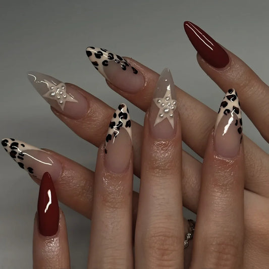 24pcs Leopard Print French False Nail Spicy Girl Star Design Wine Red Nails Tips Long Almond Fake Nail Wearable Press on Nails