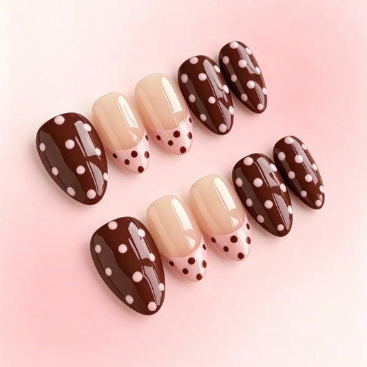 10pcs high-end Cute Malade style, hand-drawn dots, pink and coffee color contrast handmade fake nails