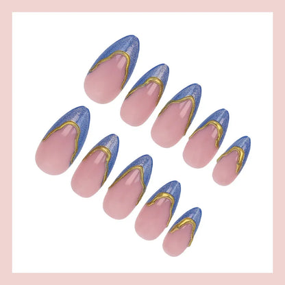 24Pcs False Nails Gold-Plated French Manicure Blue Cat-Eye and Nude-Colored Press-On Nails—Perfect As A Gift for Girl and Friend