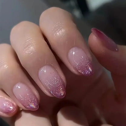 24Pcs Almond Fake Nails with Shimmery Powder Simple Nail Art Ombre French Full Cover Wearable Nail Manicure Tips for Girls Daily