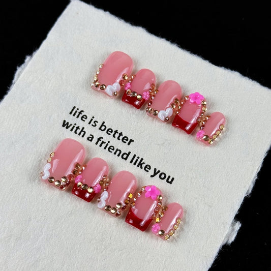 10pcs high-end Pink girl style, hand-painted three-dimensional engraved design, dazzling point-of-light diamonds handmade fake