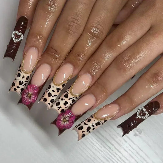 24Pcs Leopard Print Long Coffin False Nails with Glue Y2K 3D Floral Press on Fake Nails Sweet Cool Detachable Manicure Nail Tips