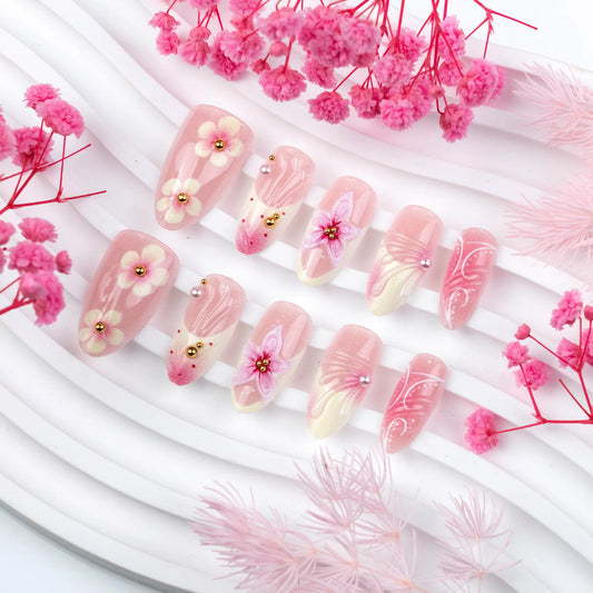 24PCS Press on Nails Pink 3D Pink Flower Marble Wave Print with Gold Bead Fake Nails Elegant Romantic Style Reusable False Nails