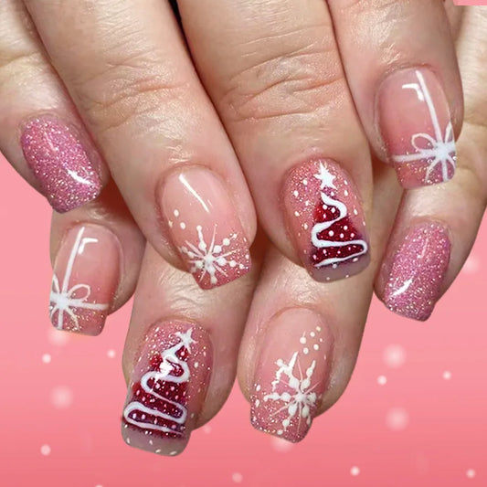 24pcs Glitter Snowflake Full Cover Nail Tips Christmas Tree Pink Short Square False Nails Bow Press on Nails Wearable Fake Nail