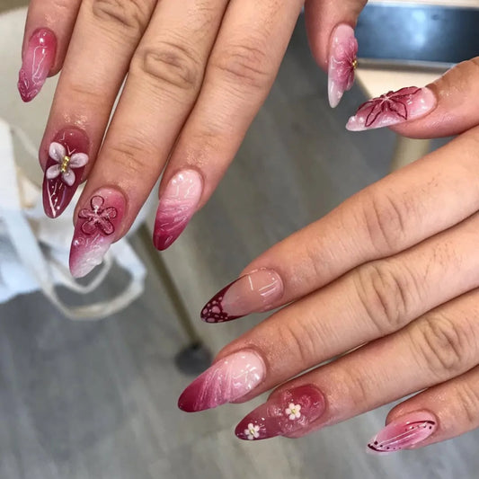 24Pcs Purple Gradient French 3D Flower Stick on False Nail with Rhinestones Chic Glossy Manicure Tip Almond Full Cover Fake Nail