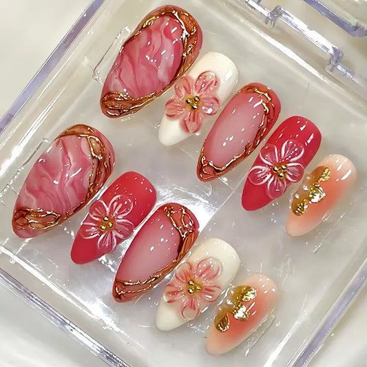 30pcs Red Flowers Printed Press on Nails French Almond Pink Blush False Nail Tips Wearable Reusable INS Fashion Fake Nails